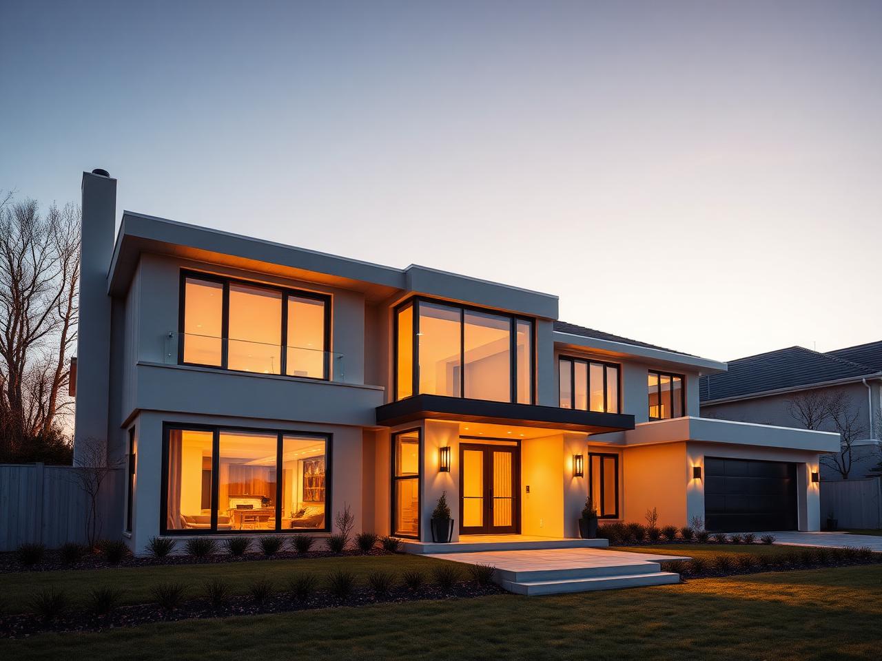 Modern luxury home at golden hour